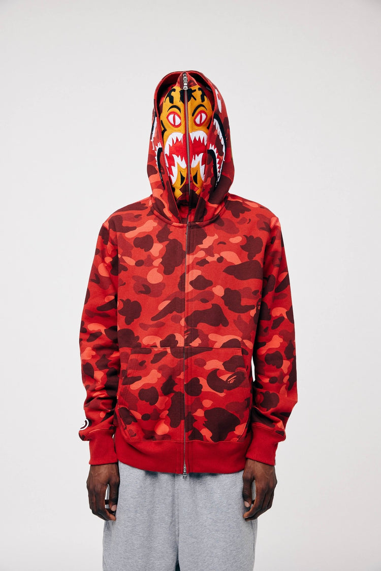 Color Red Camo Double Shark Kapuzenpullover mit durchgehendem Reißverschluss - LOOT.