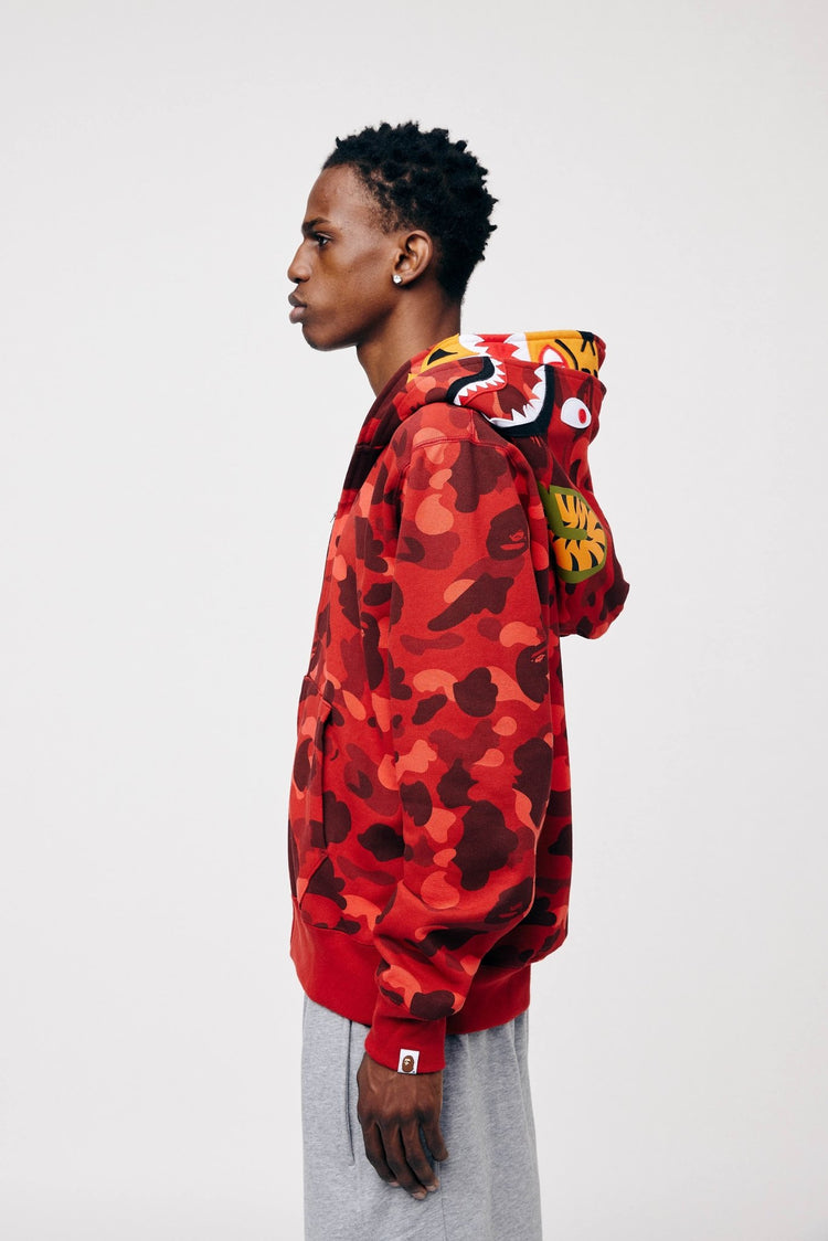Color Red Camo Double Shark Kapuzenpullover mit durchgehendem Reißverschluss - LOOT.